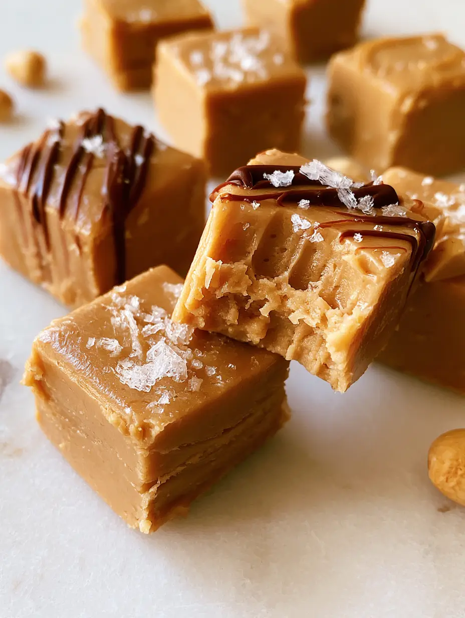Close-up overhead shot of smooth peanut butter fudge squares with flaky sea salt and chocolate drizzle. (peanut butter fudge)