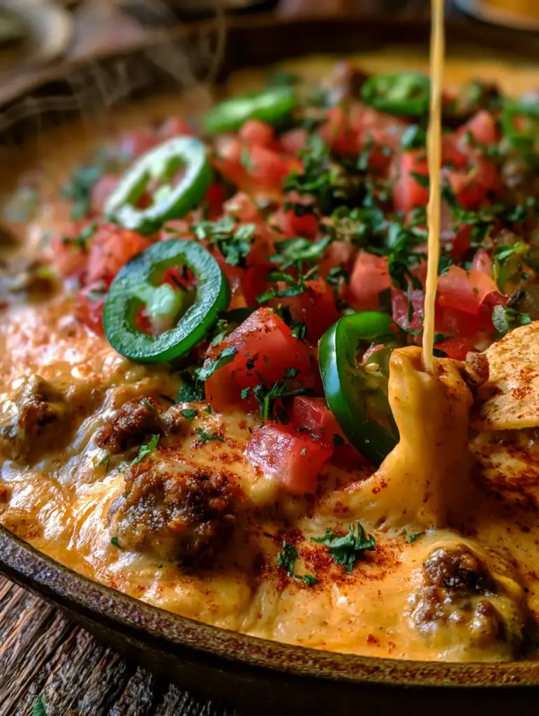 Queso Dip with Browned Beef and Crumbled Spicy Sausage 1 A tortilla chip dipping into a thick, golden-orange queso dip with a tantalizing cheese string pull. (queso dip)
