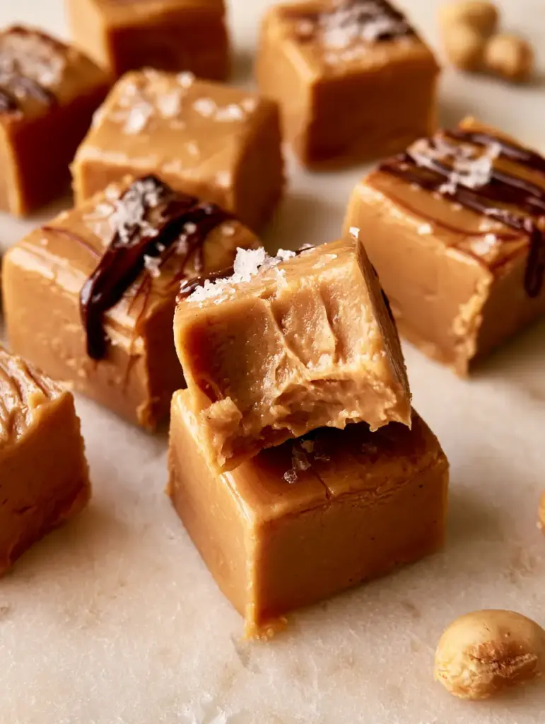 A artistic arrangement of golden-brown peanut butter fudge on a light marble surface.
