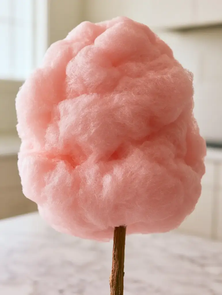 Homemade Cotton Candy: How to Make Fluffy Hand-Spun Sugar Without a Machine 1 Handheld photo of pastel pink cotton candy in a bright, modern kitchen setting. (homemade cotton candy)