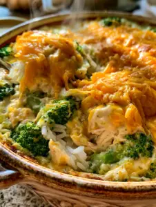 Close-up of a chicken broccoli rice bake showing distinct layers of rice, chicken, and green broccoli. (chicken broccoli rice bake)