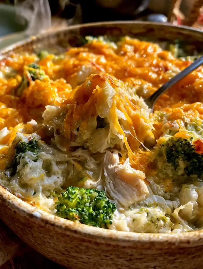 A spoon lifting a portion of the chicken broccoli rice bake with a gooey cheese pull.