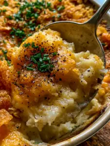 Close-up overhead photo of a cheesy hashbrown casserole showing a spoon scooping out a gooey portion with steam.