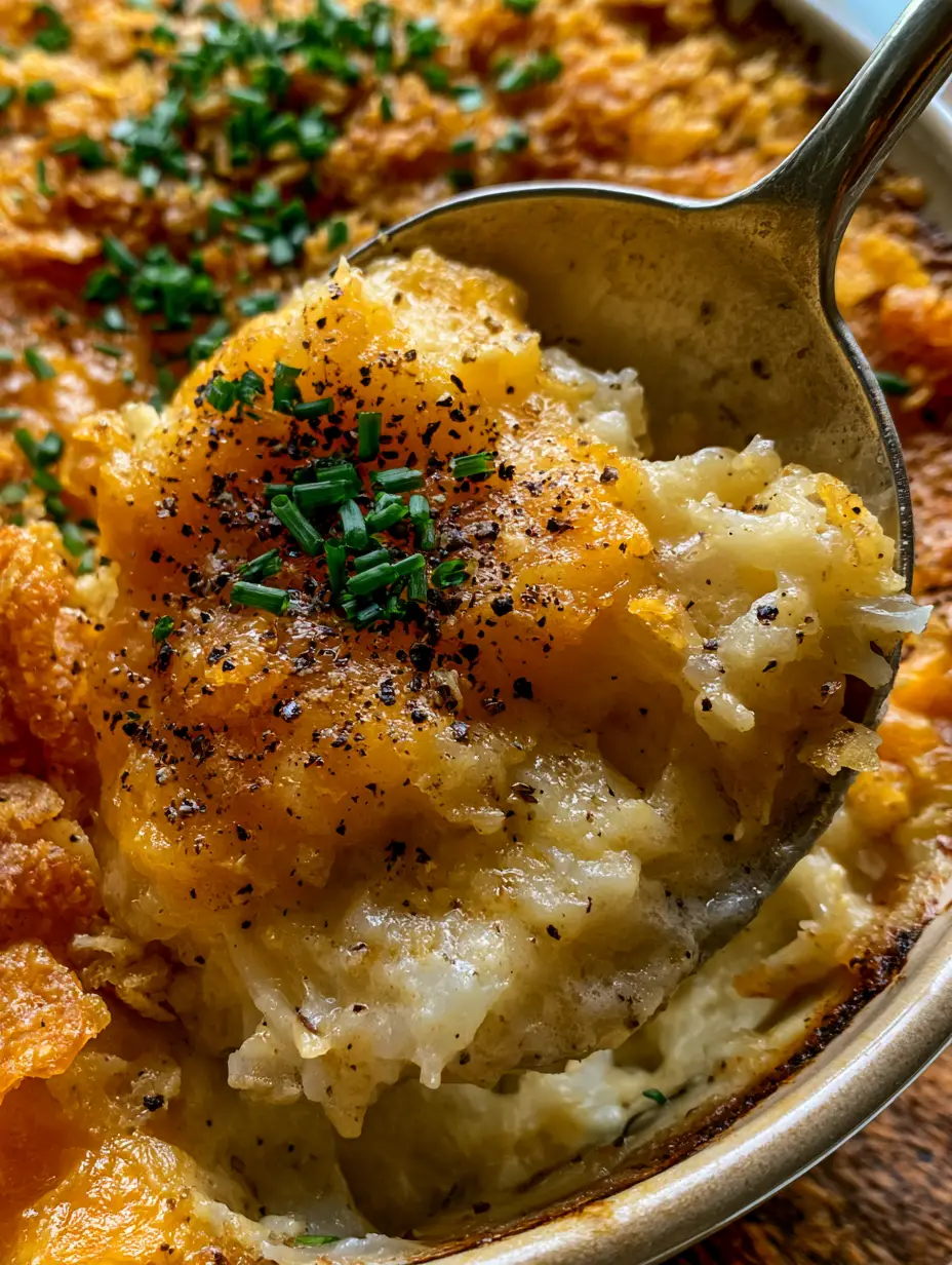 Close-up overhead photo of a cheesy hashbrown casserole showing a spoon scooping out a gooey portion with steam.