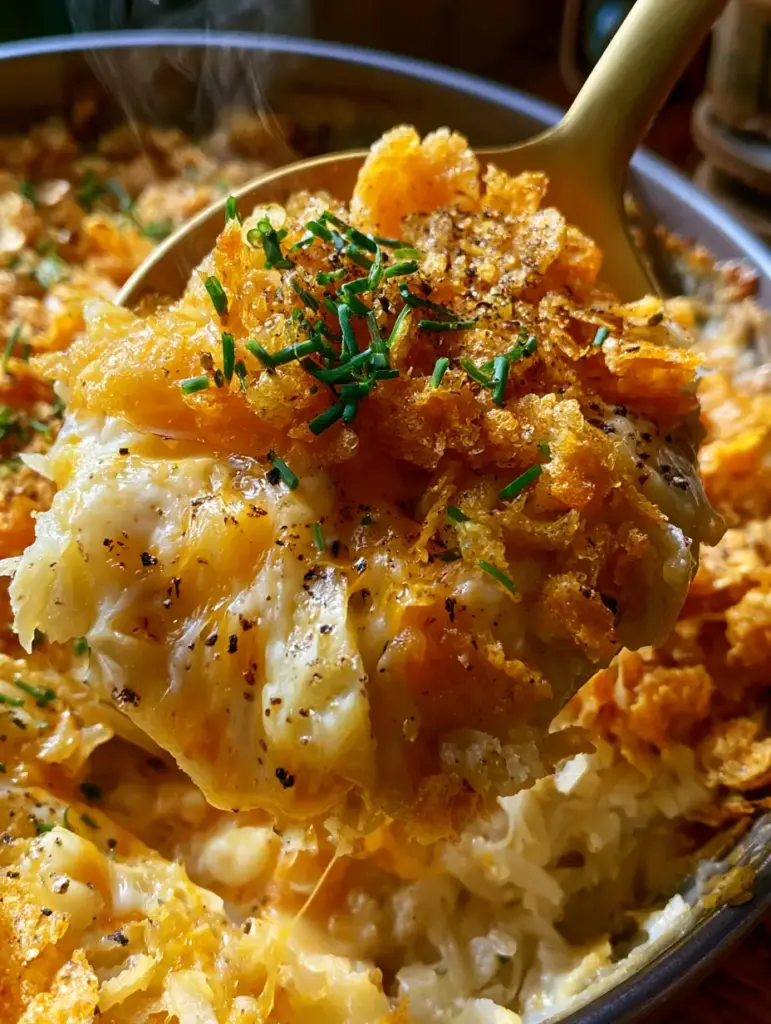 Macro shot of a hashbrown casserole showing the crispy cornflake texture, fresh chives, and cracked black pepper garnish.