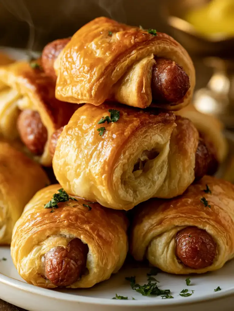 Sausage Bites: The Ultimate Golden Crescent Pigs in a Blanket 2 Close up of freshly baked sausage bites with glistening crescent dough and honey mustard sauce. (sausage bites)