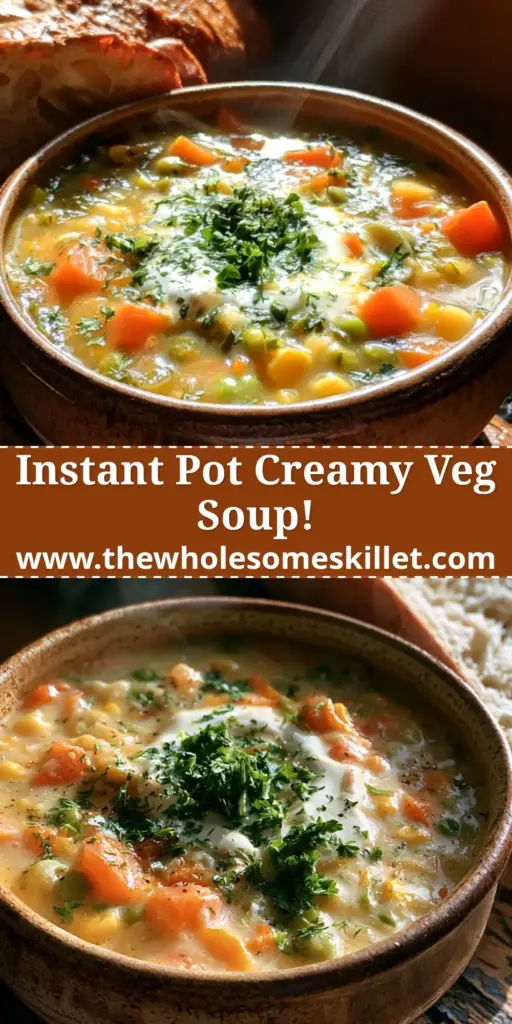 A top-down view of a steaming vegetable soup bowl with carrots, peas, and a cream swirl on a wooden table.