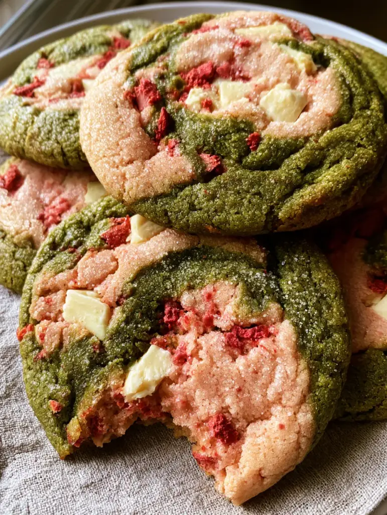 Strawberry Matcha Cookies: The Ultimate Soft-Baked Marble Swirl 1 A stack of thick strawberry matcha cookies highlighting the sugar-dusted crinkle top texture in natural sunlight. (strawberry matcha cookies)