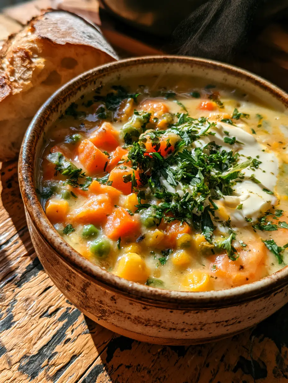 A rustic ceramic bowl of creamy vegetable soup with carrots and peas garnished with parsley next to artisan bread. (vegetable soup)