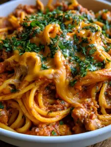 Close-up of taco spaghetti showing glistening melted cheddar cheese and vibrant layers of spiced beef and pasta.