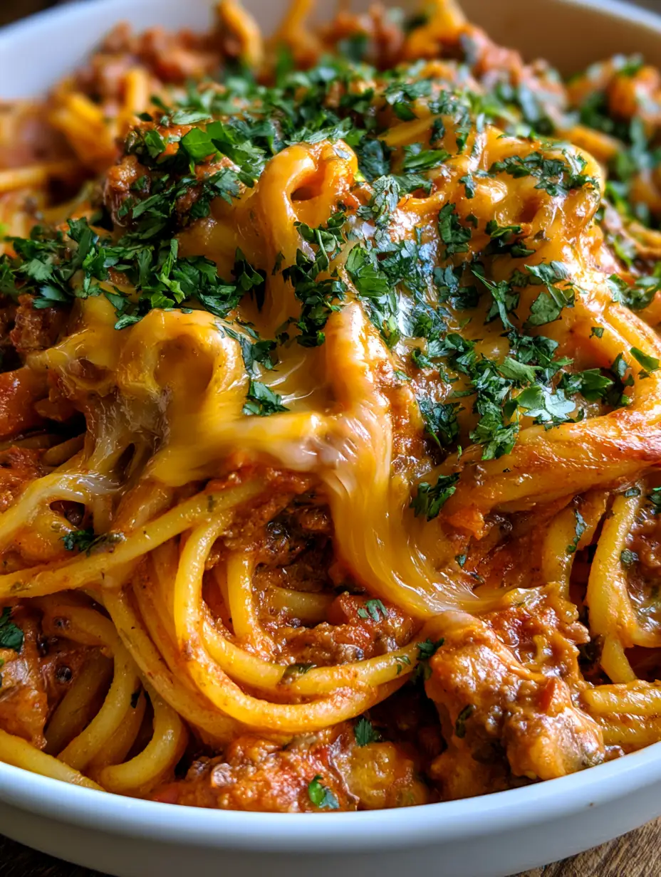 Close-up of taco spaghetti showing glistening melted cheddar cheese and vibrant layers of spiced beef and pasta.