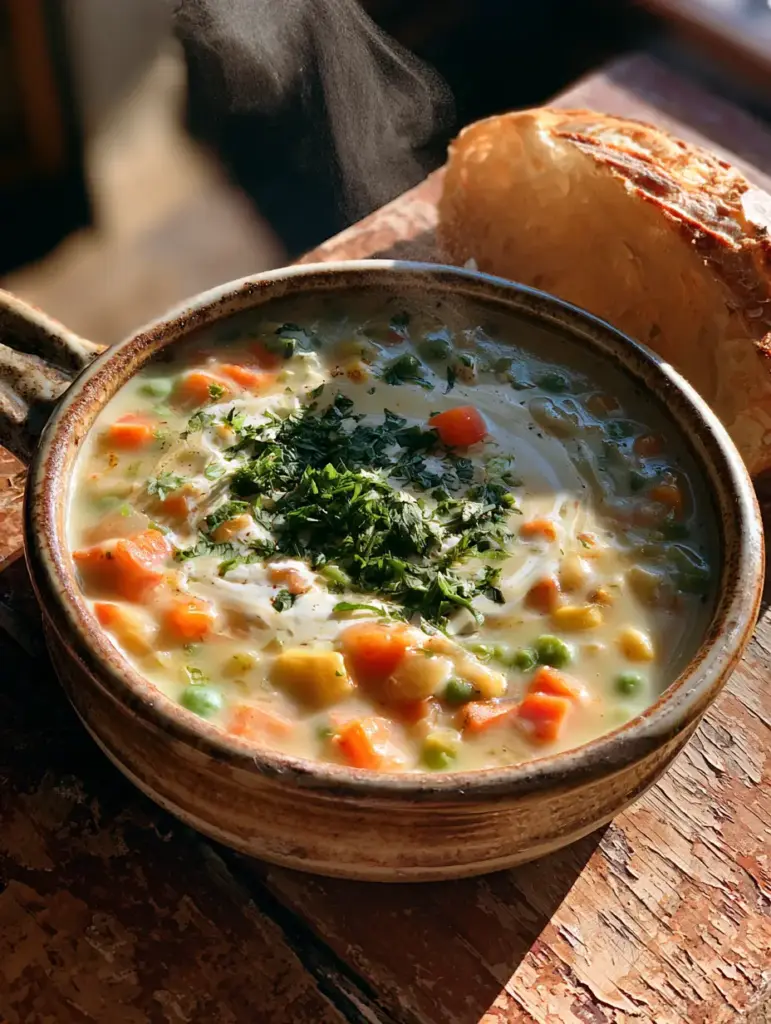 Close up shot of creamy vegetable soup showing the texture of corn, carrots, and a swirl of heavy cream.