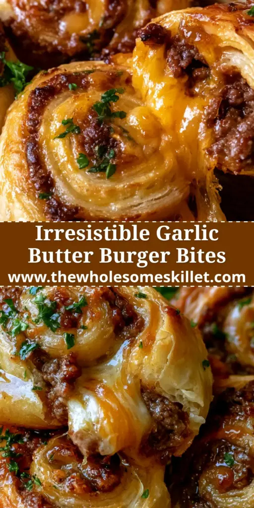 Cheeseburger Pinwheels: The Ultimate Flaky Beef and Cheddar Spirals 4 A stack of golden-brown cheeseburger pinwheels on a rustic wooden board with a garlic butter glaze and fresh parsley garnish.