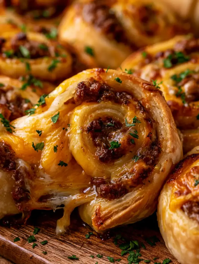 Cheeseburger Pinwheels: The Ultimate Flaky Beef and Cheddar Spirals 2 Extreme macro shot of cheeseburger pinwheels showing a dramatic cheese pull and flaky dough layers.