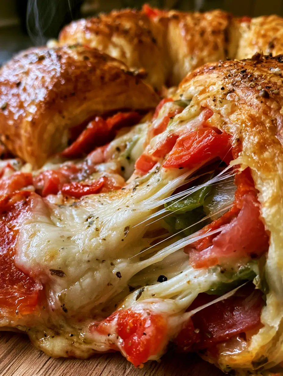 Extreme close-up of an Italian crescent bake showing stringy melted cheese and spicy pepperoni slices.