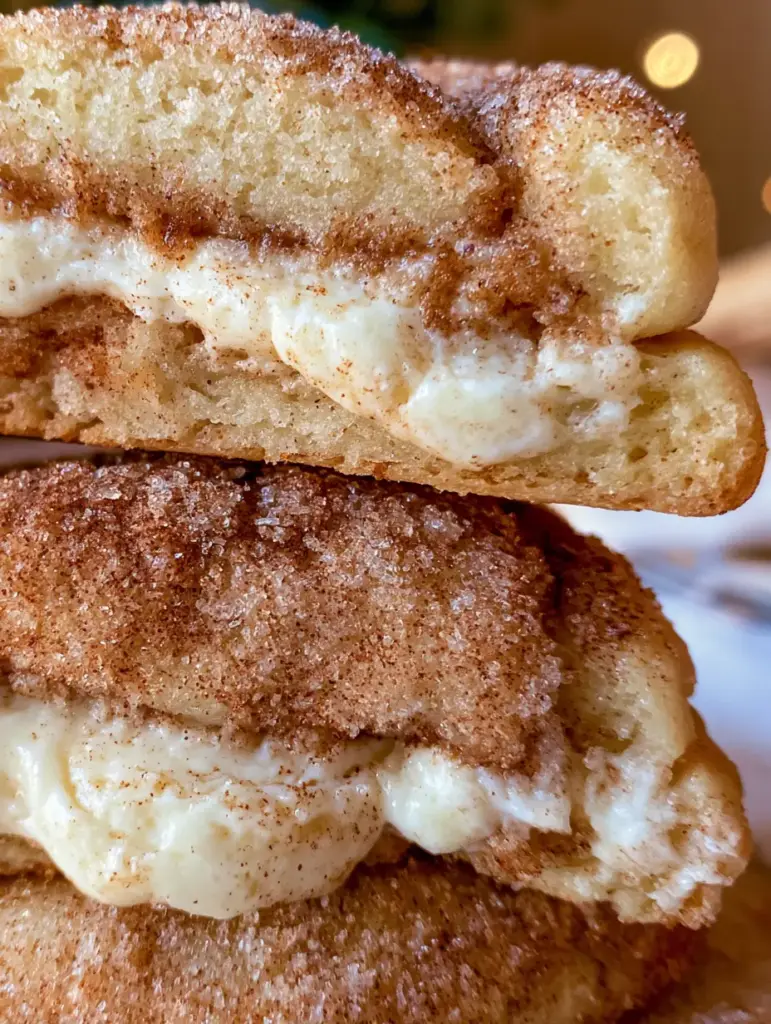 Churro Cheesecake Cookies: The Ultimate Stuffed Cinnamon Sugar Recipe 2 Macro shot of two churro cheesecake cookies cut in half revealing an oozing white cheesecake filling and sparkling cinnamon sugar. (churro cheesecake cookies)