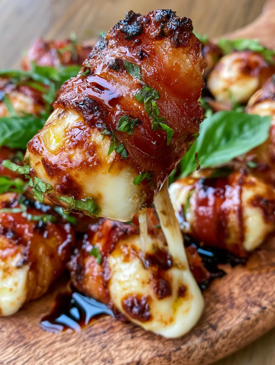 A smartphone photo showing a single prosciutto wrapped mozzarella bite with an incredible cheese pull.