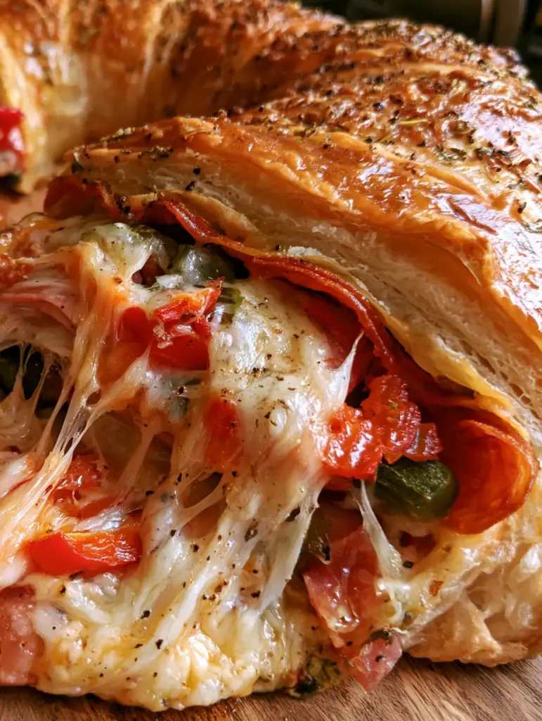 Glistening golden-brown crust of an Italian crescent bake topped with fresh parsley and black pepper.