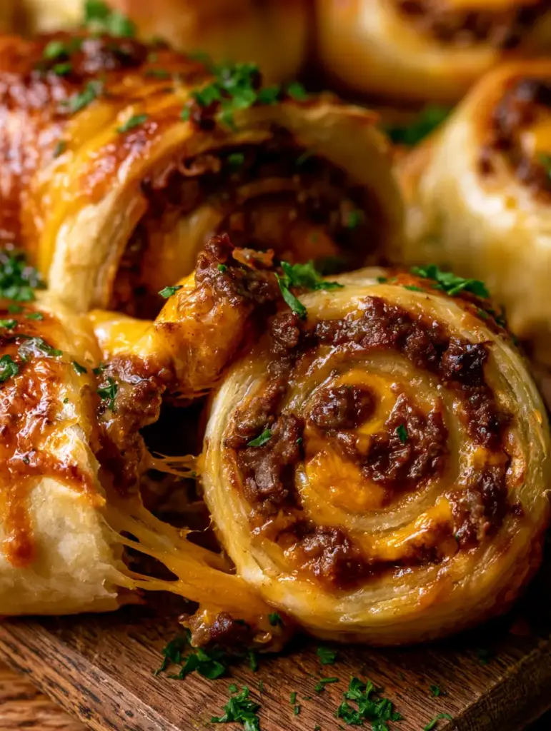 Cheeseburger Pinwheels: The Ultimate Flaky Beef and Cheddar Spirals 1 Close-up of baked cheeseburger pinwheels glistening with garlic butter and topped with fresh parsley.