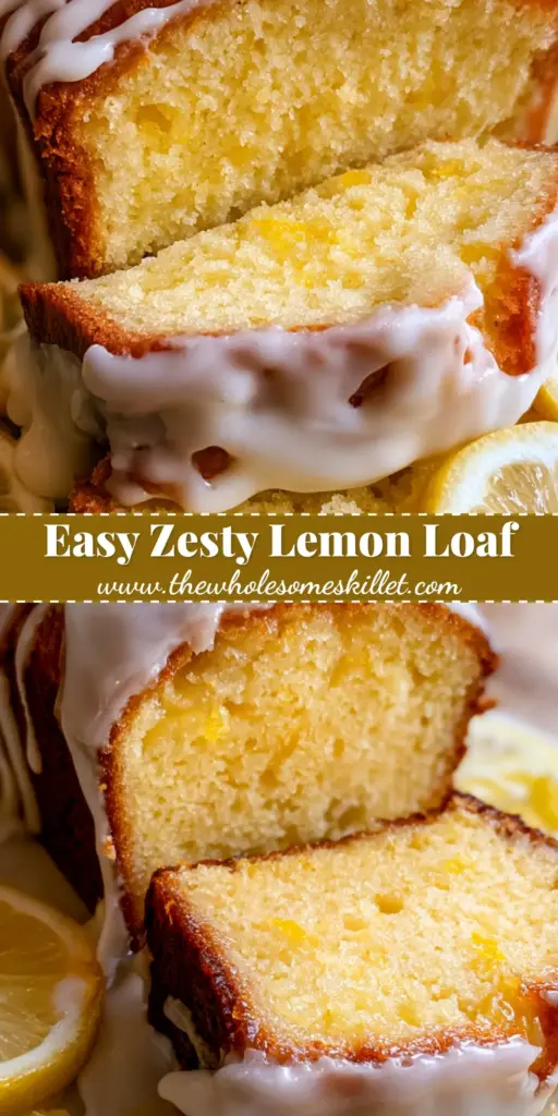 A perfectly baked lemon glazed loaf with a golden-brown crust and thick white glaze cascading down the sides, served on a rustic wooden board with lemon slices.