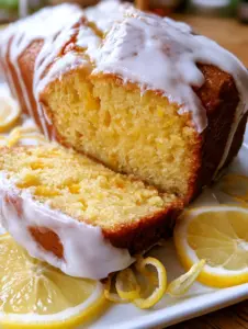 Close up photo of a lemon glazed loaf with a thick white glaze and visible lemon zest in the moist yellow interior.