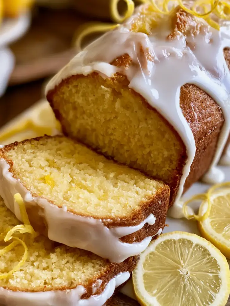 Lemon glazed loaf arranged with fresh lemon curls and slices on a rustic wooden board in natural light.