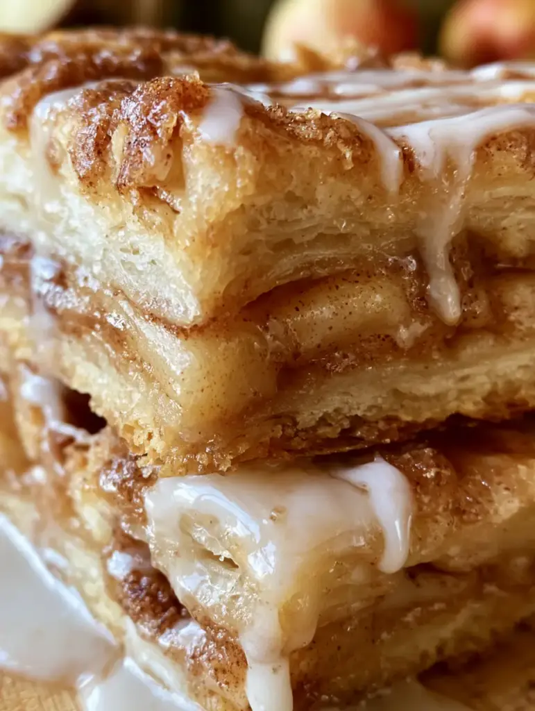 Apple Slab Pie: The Ultimate Flaky Pastry with Luscious Vanilla Glaze 2 Extreme close-up of a multi-layered apple pastry bar with cinnamon filling and dripping white glaze. (apple slab pie)