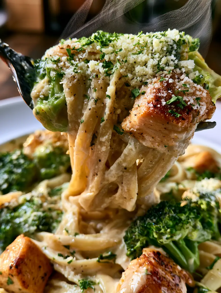 Chicken Alfredo with Golden Seared Chicken and Vibrant Broccoli 3 A fork lifting a portion of glistening fettuccine pasta with golden chicken and green broccoli. (chicken alfredo)