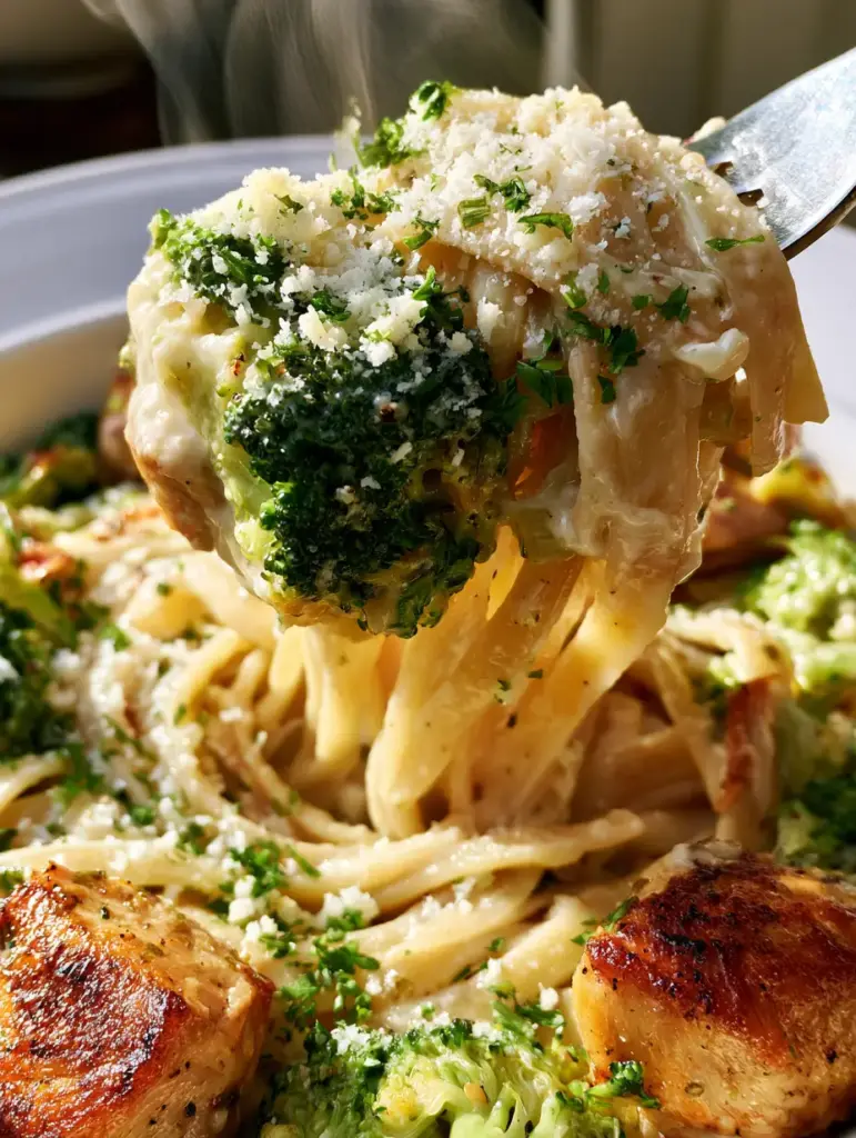 Chicken Alfredo with Golden Seared Chicken and Vibrant Broccoli 1 Overhead view of a bowl of chicken alfredo showing textures of seared chicken and creamy sauce. (chicken alfredo)