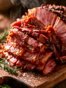 Close-up overhead shot of glistening shredded pressure cooker ham piled high on a rustic wooden board with steam rising.