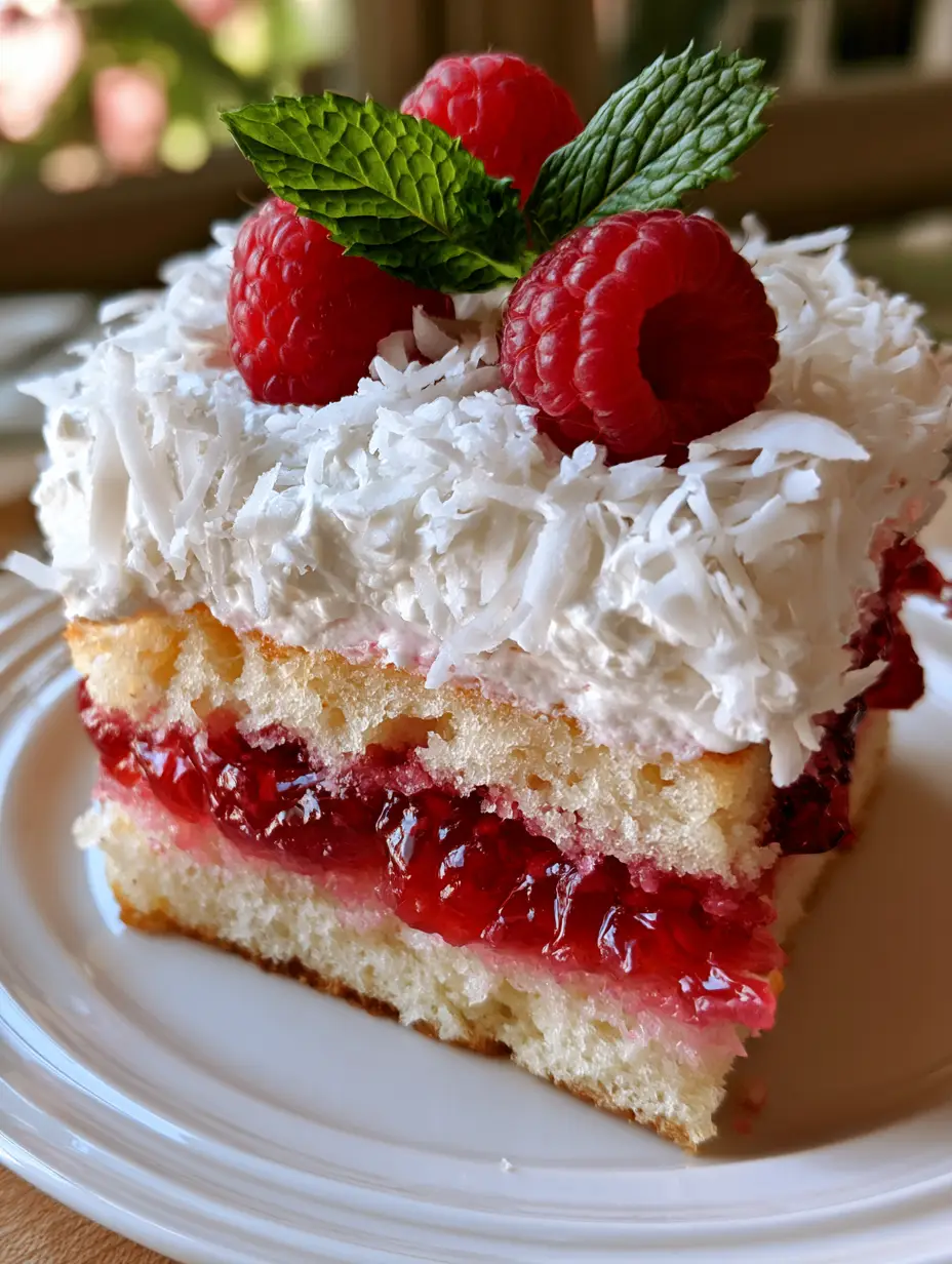 Raspberry Poke Cake with Fresh Berries and Fluffy Whipped Cream 3 Close-up smartphone photo of a single slice of raspberry poke cake on a white ceramic plate showing the moist vanilla base and red gelatin swirls. (raspberry poke cake)