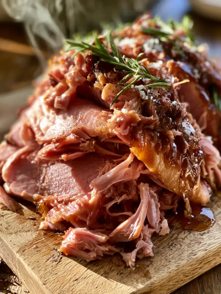 Pressure Cooker Ham: The Ultimate Guide to Fall-Apart Tender Shredded Ham 1 Shredded pressure cooker ham garnished with fresh rosemary sprigs and coarse sea salt on a farmhouse table.