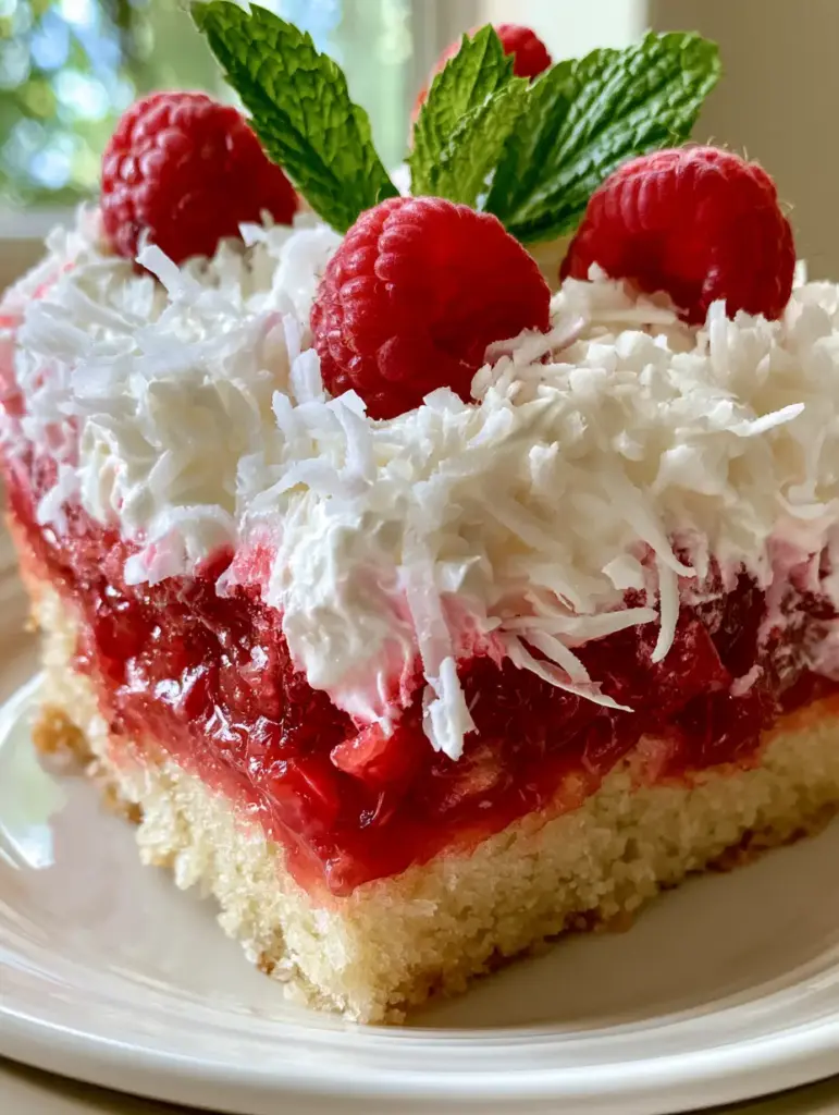 Raspberry Poke Cake with Fresh Berries and Fluffy Whipped Cream 1 A slightly elevated angle shot of a raspberry poke cake slice featuring abundant shredded coconut and glistening fresh raspberries.
