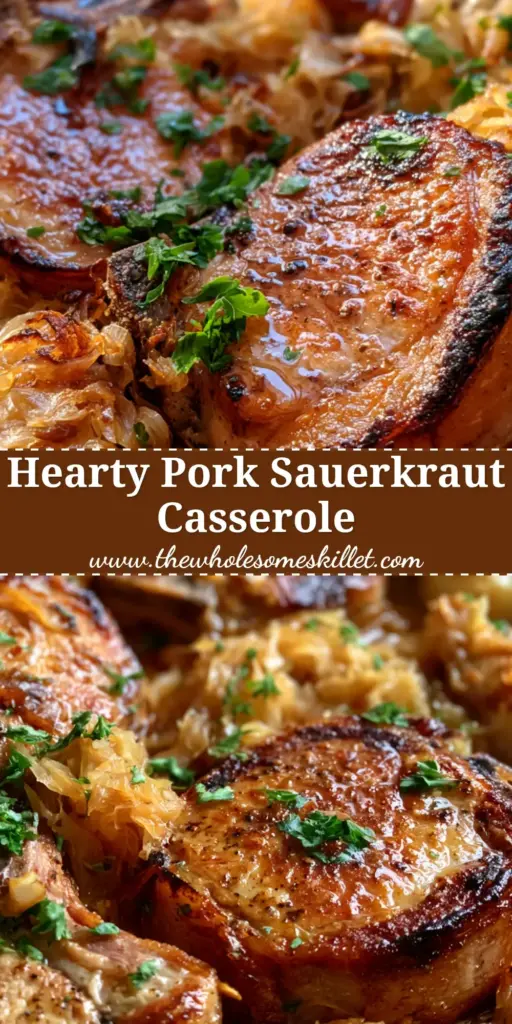 An overhead shot of a rustic cast iron skillet filled with a pork sauerkraut bake, featuring seared golden chops and roasted potatoes.