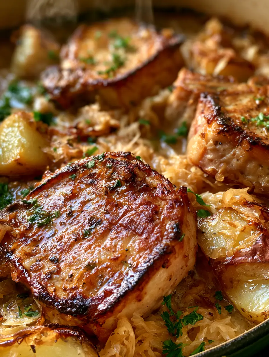 Close up overhead view of seared pork chops nestled in a bed of golden sauerkraut and roasted potatoes in a cast iron skillet. (pork sauerkraut bake)