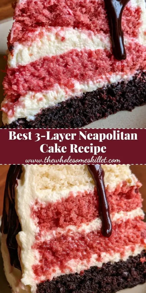 Neapolitan Layer Cake: The Ultimate Triple-Flavor Showstopper 4 A tall slice of neapolitan layer cake with chocolate, strawberry, and vanilla layers on a ceramic plate.