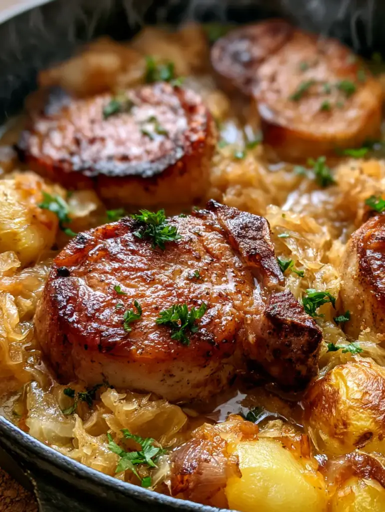 A steaming pork sauerkraut bake featuring soft roasted potato chunks and hints of caramelized onions.