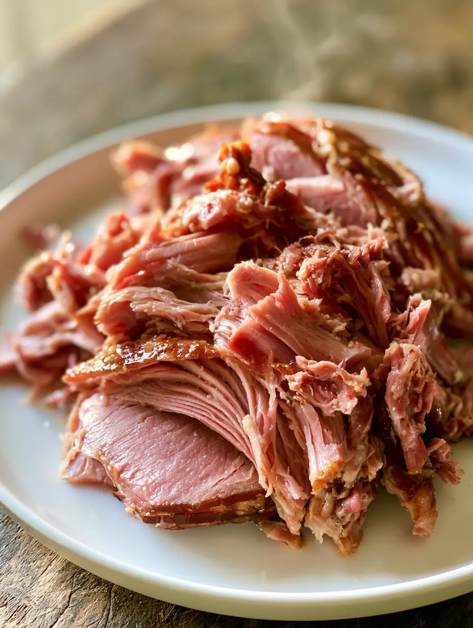 Pressure Cooker Ham: Fall-Apart Tender Shredded Perfection 3 Close-up overhead view of shredded pressure cooker ham showing moist layers and caramelized edges on a white plate.