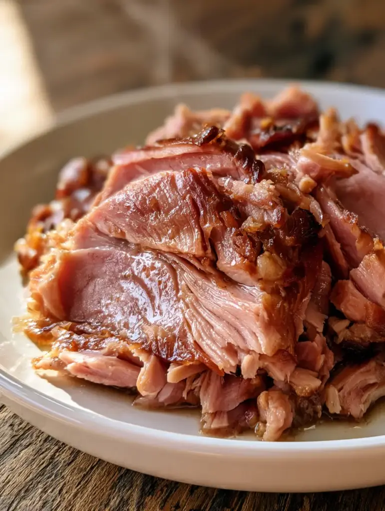 Pressure Cooker Ham: Fall-Apart Tender Shredded Perfection 1 Detailed shot of shredded ham with rising steam and glistening natural juices, highlighting the tender pink meat.