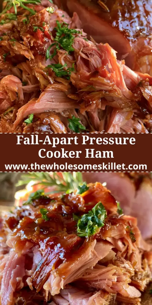 Pressure Cooker Ham with a Rich Amber Glaze and Fresh Herbs 4 A towering pile of shredded pressure cooker ham glistening with a rich amber glaze, topped with fresh rosemary sprigs on a rustic wooden cutting board.