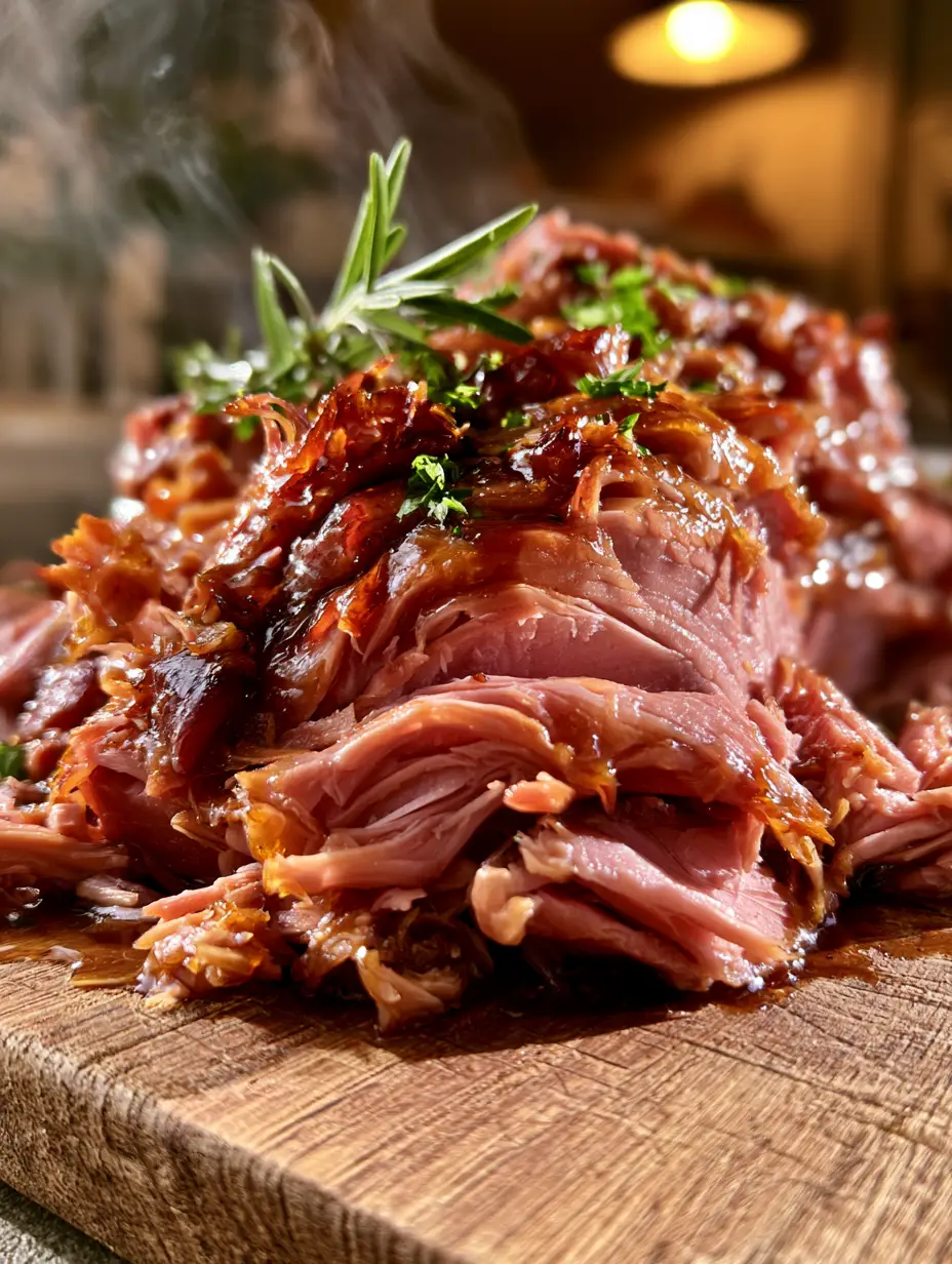 Pressure Cooker Ham with a Rich Amber Glaze and Fresh Herbs 3 Macro close-up of juicy, tender strands of pressure cooker ham coated in a thick, glistening amber honey glaze.