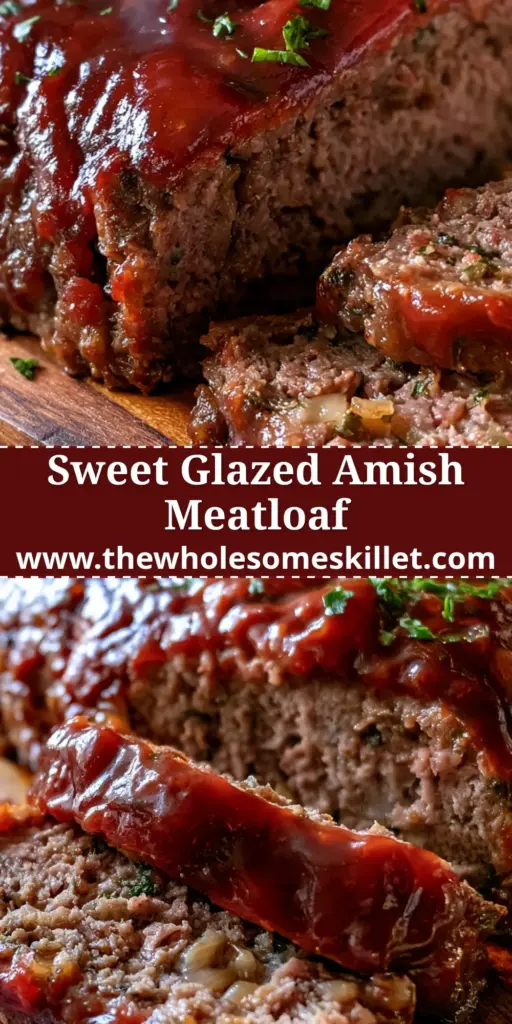 A perfectly sliced amish meatloaf with a thick ruby-red glaze on a wooden cutting board with steam rising.