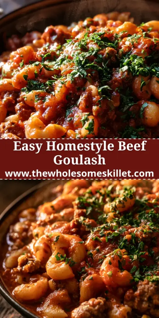 A steaming wooden bowl of Southern beef goulash with glistening red tomato sauce, elbow macaroni, and chopped parsley. (beef goulash)