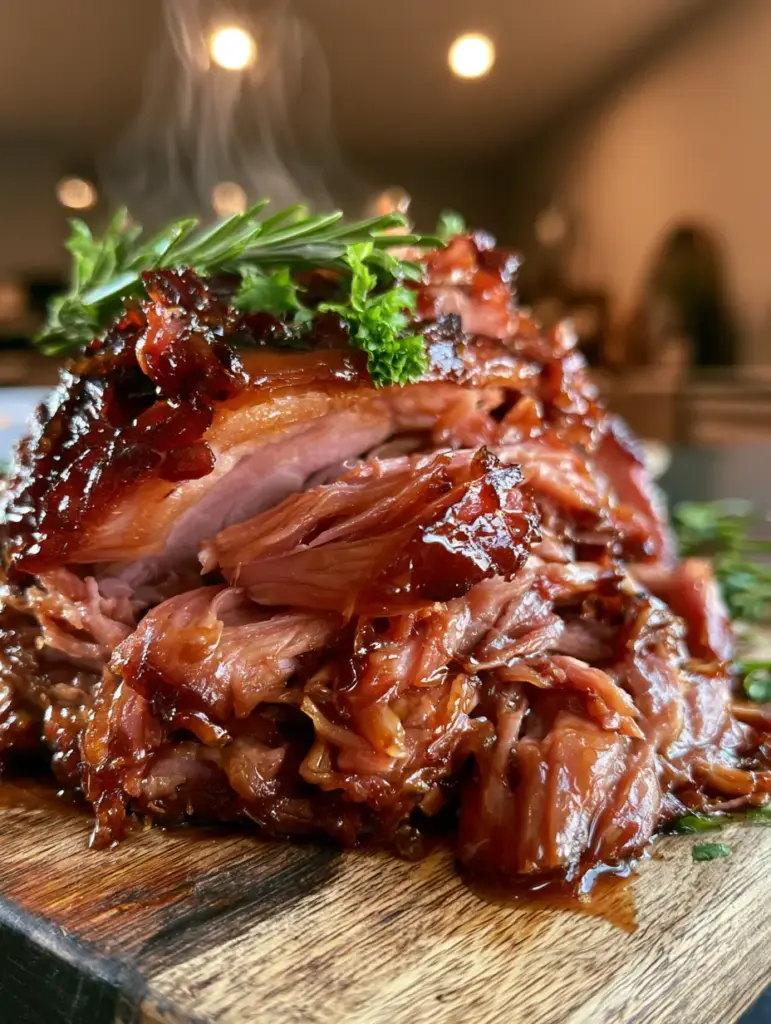 Pressure Cooker Ham with a Rich Amber Glaze and Fresh Herbs 1 Shredded pressure cooker ham on a wooden board with steam rising and fresh green herbs scattered on top.