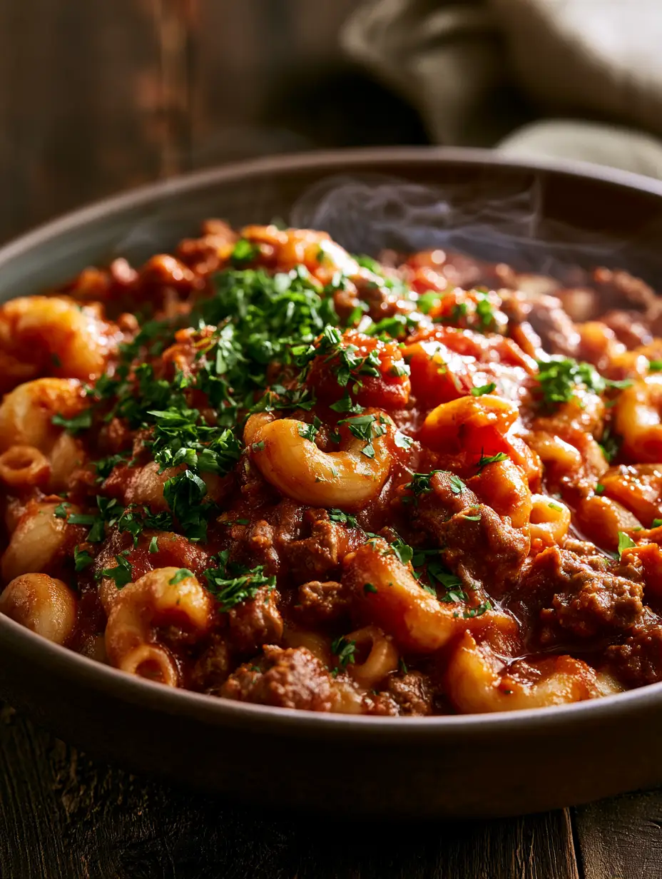Close-up of beef goulash showcasing the texture of seasoned ground beef and elbow macaroni in a rich sauce. (beef goulash)