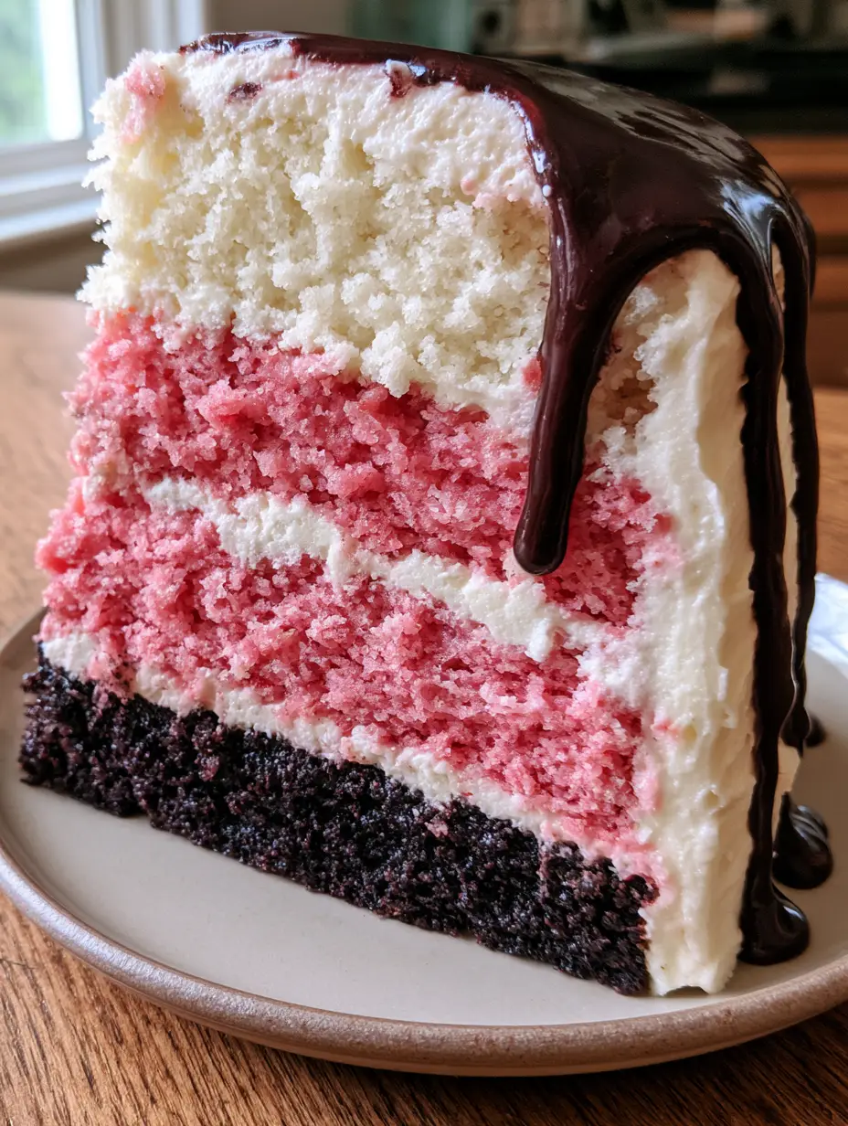 Neapolitan Layer Cake: The Ultimate Triple-Flavor Showstopper 3 Smartphone photo of a moist neapolitan layer cake slice on a wooden table in morning light.