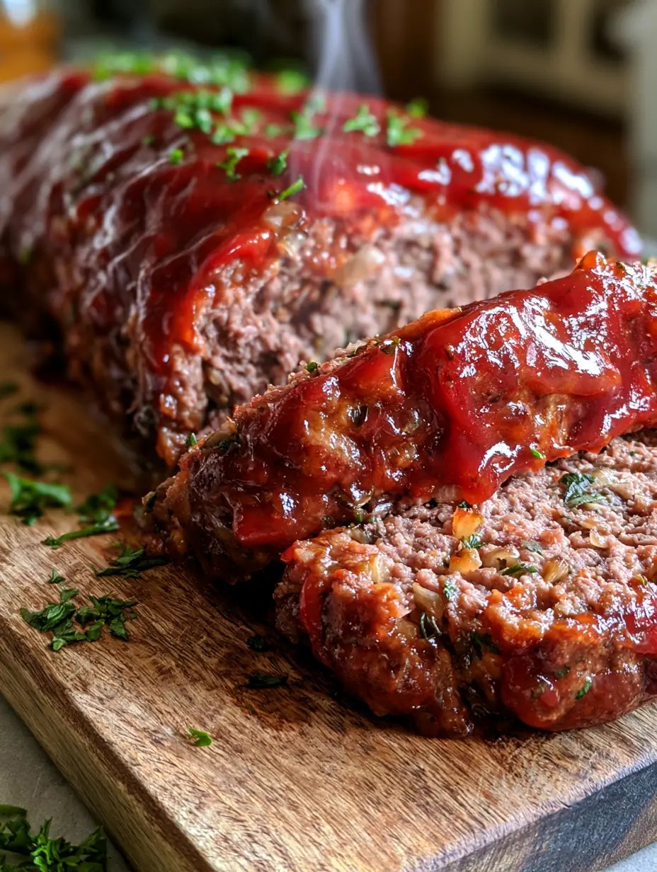 Overhead shot of amish meatloaf showing the moist interior texture and caramelized glaze edges.
