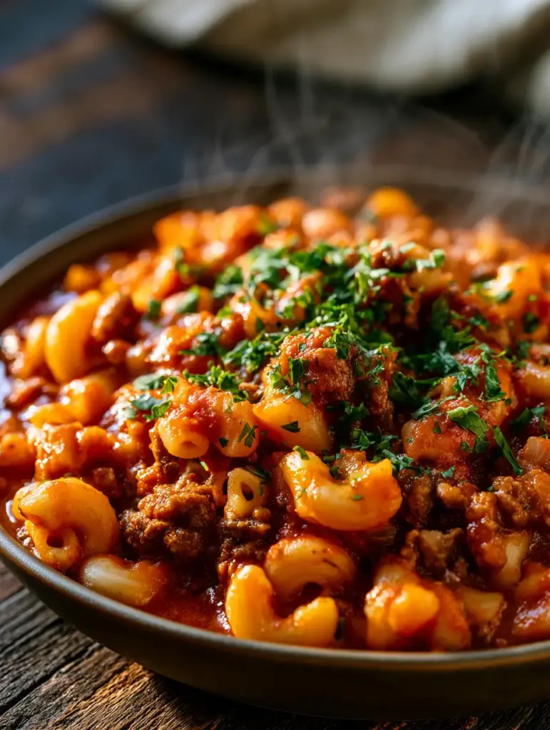 A rustic wooden bowl of beef goulash on a dark table with a linen napkin and fresh parsley garnish.