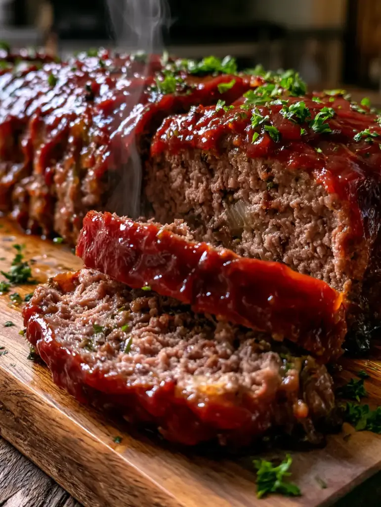 Slices of amish meatloaf garnished with fresh parsley on a rustic wooden board.