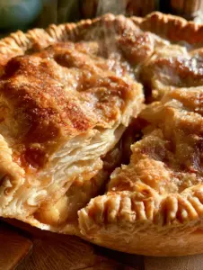 Top-down macro shot of a baked apple pie crust showing intricate layers and steam rising.